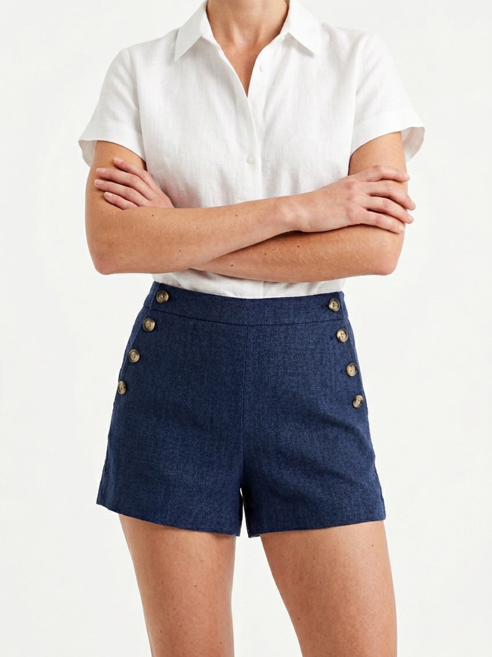 ALICE COLLECTION | Navy High-Waist Button Front Linen Shorts Women’s Size 4